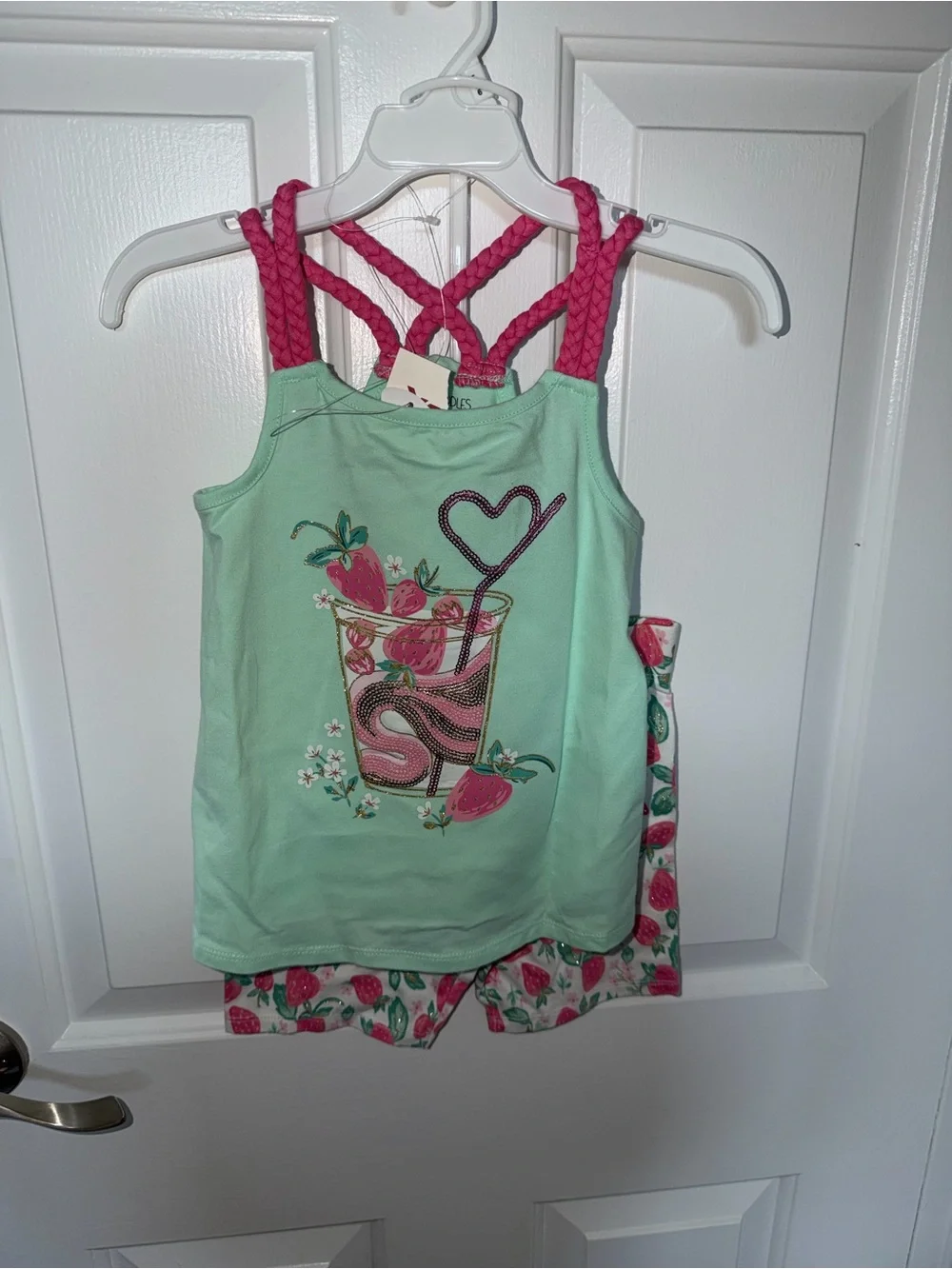 Girls Mint Strawberry Tank & Shorts Set with Pink Braided Straps